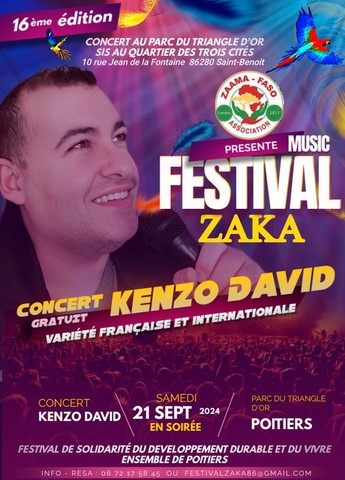 Le chanteur Kenzo David aura le plaisir de participer le samedi 21 septembre 2024 en soirée de 20h à 21h30 au Festival ZAKA